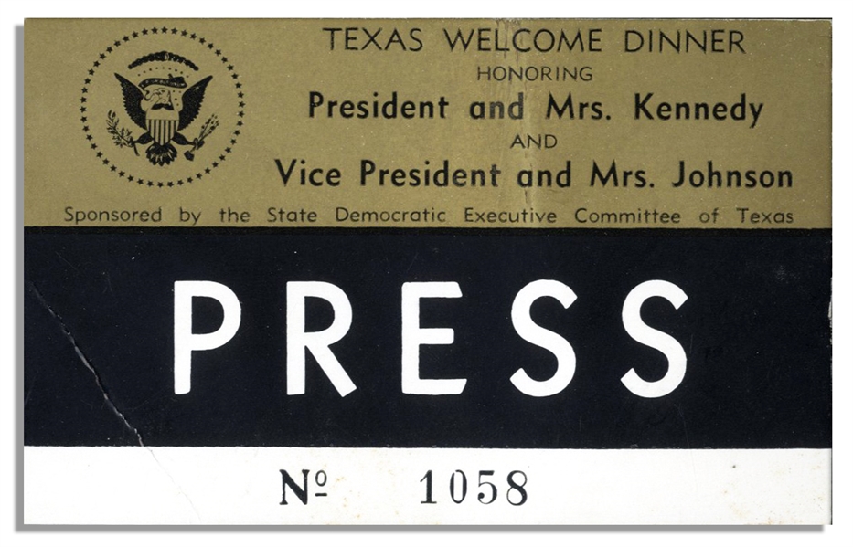 Texas Welcome Dinner Press Pass From the Night of John F. Kennedys Assassination
